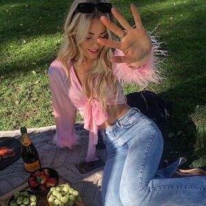 Pink feather sleeve crop top